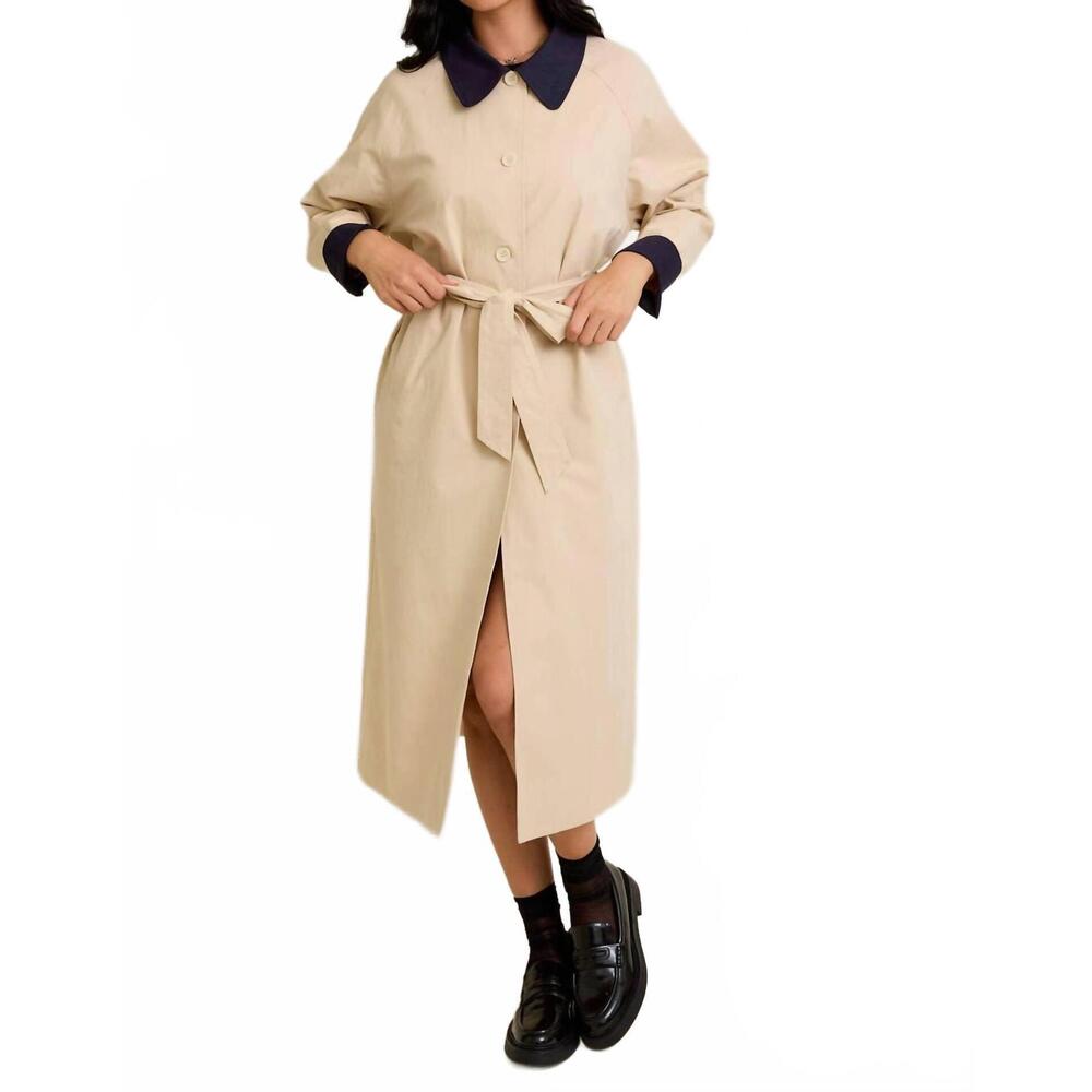 NEW LE LIS raglan sleeve contrast collar oversized trench coat in beige navy